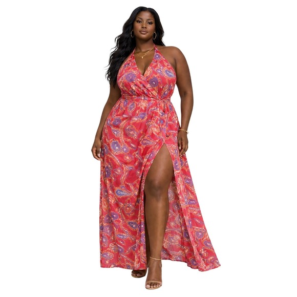 Fashion to Figure Dresses & Skirts - Fashion To Figure Red Paisley Halter Maxi Dress Plus Size 3 High Slit Gown